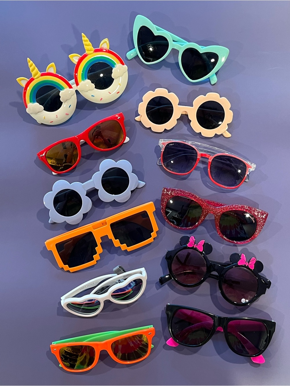 12 Colorful Kids Sunglasses Assortment - Rainbow Unicorn, Heart & Flower Styles